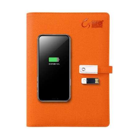 Hi-tech A5 orange leather wireless charging notebook with 8000 mah powerbank and 16G USB flash drive