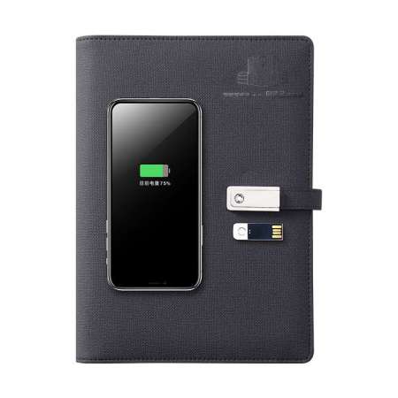 Hi-tech A5 black leather wireless charging notebook with 8000 mah powerbank and 16G USB flash drive